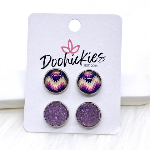 12mm Purple Zigzag & Frosted Purple Sparkles in Stainless Steel Settings -Earrings