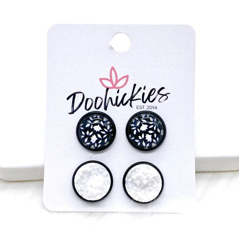 12mm Black/White Floral & White in Black Settings -Earrings