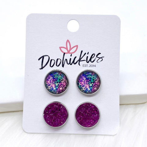 12mm Bright Leopard & Magenta Sparkles in Stainless Steel Settings -Summer Earrings