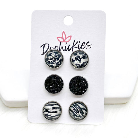 12mm Iridescent Leopard/Black/Iridescent Zebra in Stainless Steel Settings -Earrings