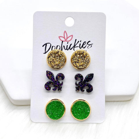 12mm Gold/Fleur de Lis/Green Sparkles in Gold Settings -Earrings