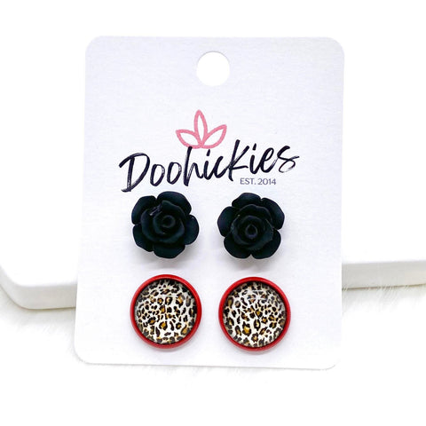 12mm Black Roses & Tan Leopard in Red Settings -Earrings