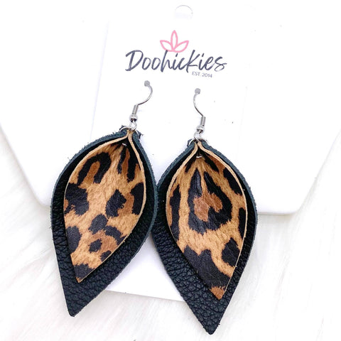 2.5" Tan Leopard & Black Layered Petals -Earrings