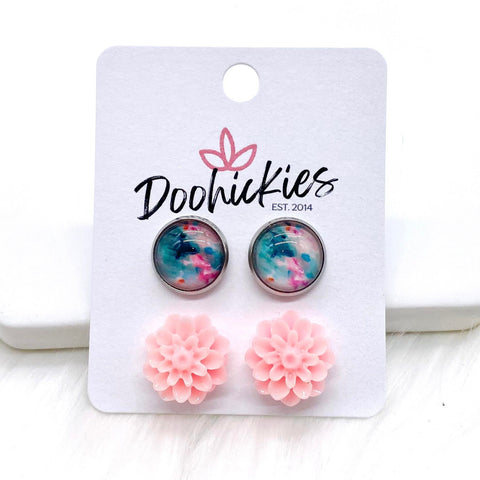 12mm Watercolors & 15mm Pink Flower in Stainless Steel Settings -Earrings