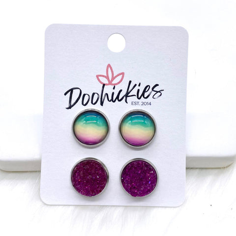12mm Rainbow Watercolors & Magenta Sparkles in Stainless Steel Settings -Earrings
