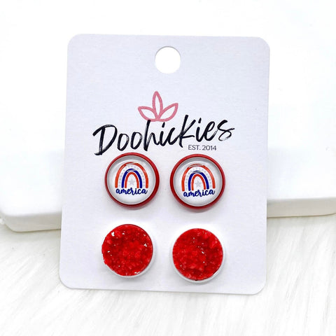 12mm American Rainbow & Red Crystals in Red/White Settings -Patriotic Earrings