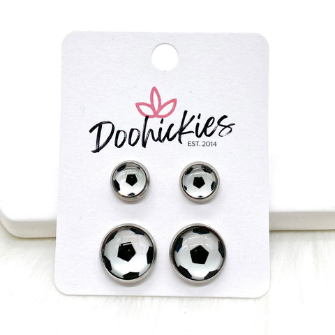 Soccer Ball Mommy & Me in Stainless Steel Settings -Sports Earrings