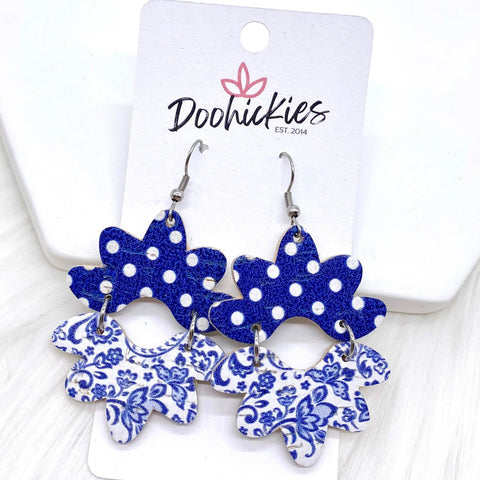 2.5" Navy Polka Dots & Vintage Blue China Blossoms -Earrings