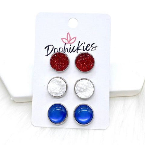 12mm Red Sparkles/White/Blue Cat Eyes in Stainless Steel Settings