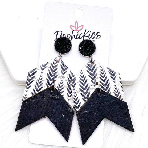 3" Black & Herringbone/Black Double Arrow Dangles -Earrings