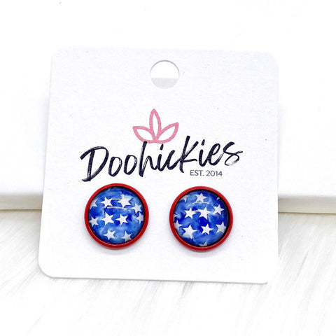 12mm Stars in Red Settings -Patriotic Earrings