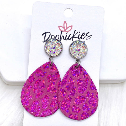 2" Crystal & Hot Pink Leopard Valentine Dangles -Earrings
