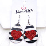 1.5" Valentine 3-D Glitter Hearts & Striped Teardrop Corkies -Earrings