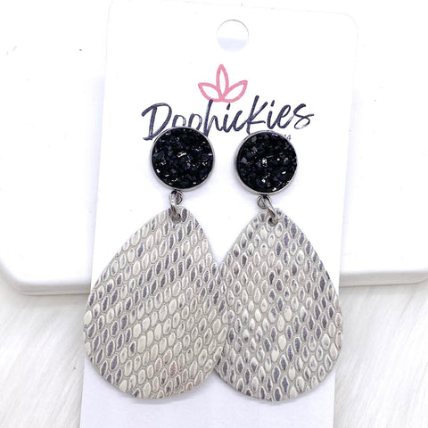 2” Black & Grey Snakeskin Textured Dangles -Earrings