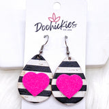 1.5" Valentine 3-D Glitter Hearts & Striped Teardrop Corkies -Earrings