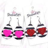 1.5" Valentine 3-D Glitter Hearts & Striped Teardrop Corkies -Earrings