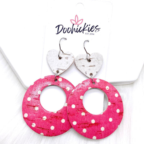 2.5" White Hearts & Hot Pink Polka Dot Valentine Double O Corkies -Earrings
