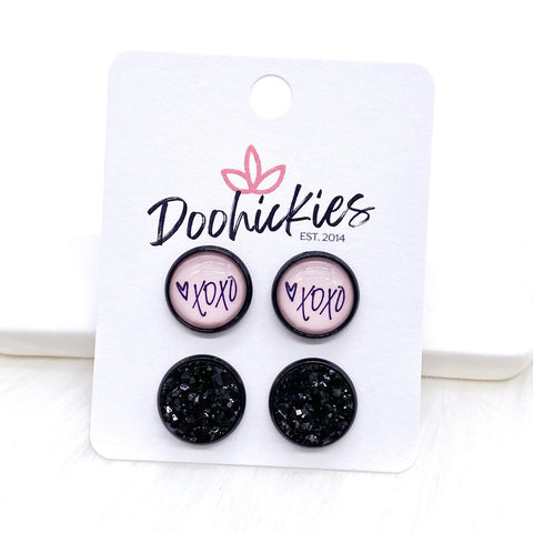 12mm Valentine Pink XOXO & Black in Black Settings -Earrings
