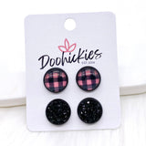 12mm Buffalo Plaid Duos in Black Settings -Earrings