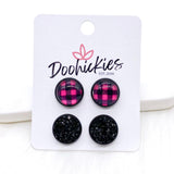 12mm Buffalo Plaid Duos in Black Settings -Earrings