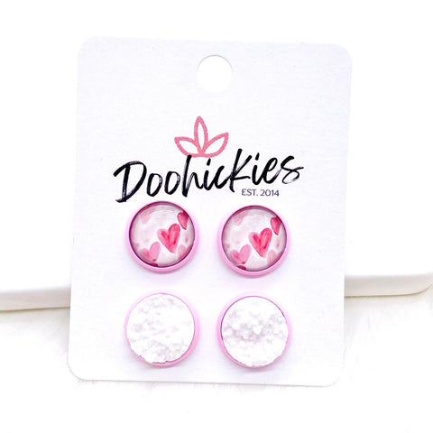 12mm Hand Drawn Hearts & Snow White in Bright Pink Settings -Earrings