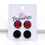 12mm Buffalo Plaid Duos in Black Settings -Earrings