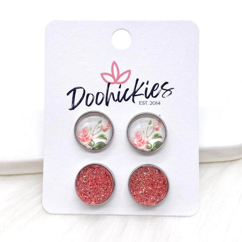 12mm Pink Roses & Flamingo Sparkles in Stainless Steel Settings -Earrings