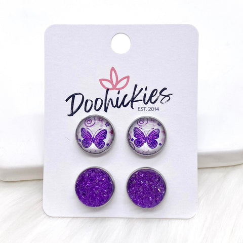 12mm Purple Butterfly & Purple Sparkles in Stainless Steel Settings -Earrings