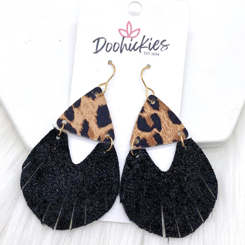 2.5" Tan Leopard & Shimmery Black Triangle Fringe -Earrings