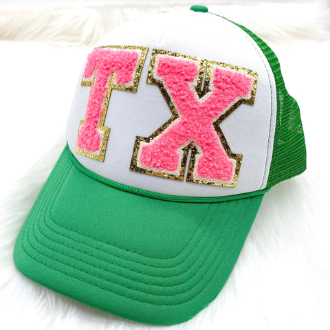 Green & Pink Chenille TX Trucker Hat
