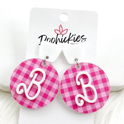 2" Pink Gingham & B Layered Acrylic Drops -Earrings