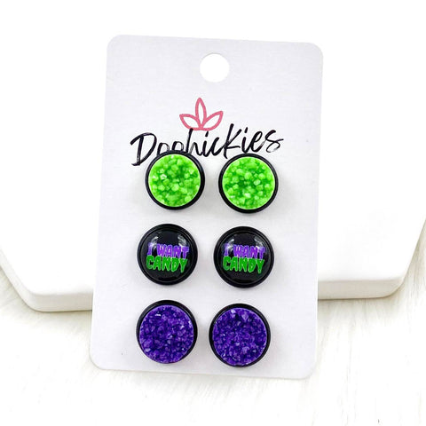 12mm Neon Green/I Want Candy/Purple in Black Settings -Halloween Earrings