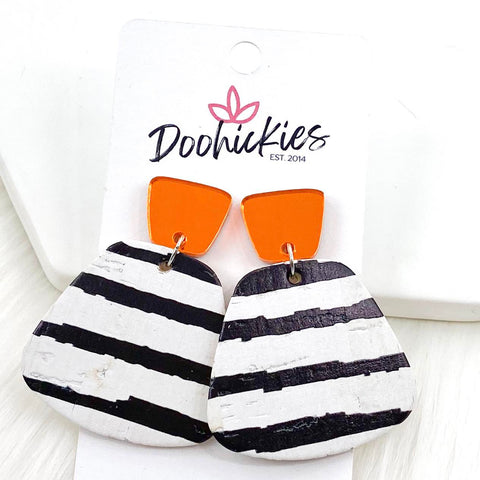 2" Mirror Orange & Spooky Striped Jasmine Dangle Corkies -Halloween Earrings