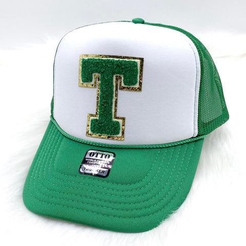 Green & White Spirit Chenille Trucker Hat: Green "T"
