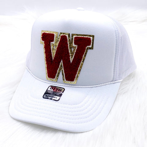 Solid White Spirit Chenille Trucker Hat: Maroon "W"
