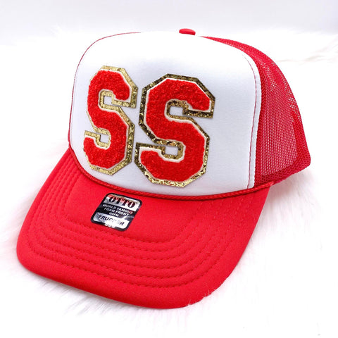 Red & White Spirit Chenille Trucker Hat: Red "SS"