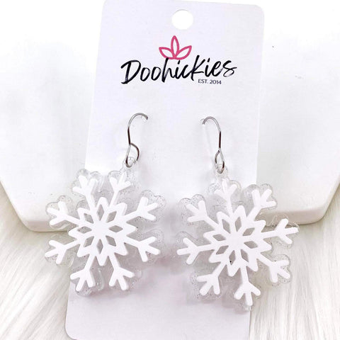 1.5 White Shimmer Snowflake -Christmas Acrylic Earrings