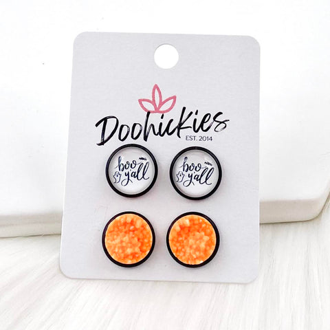 12mm Boo Y'all & Bright Orange Crystals in Black Settings -Halloween Earrings