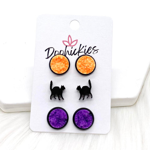 12mm Bright Orange/Scaredy Cat/Purple Ice in Black Settings -Halloween Earrings