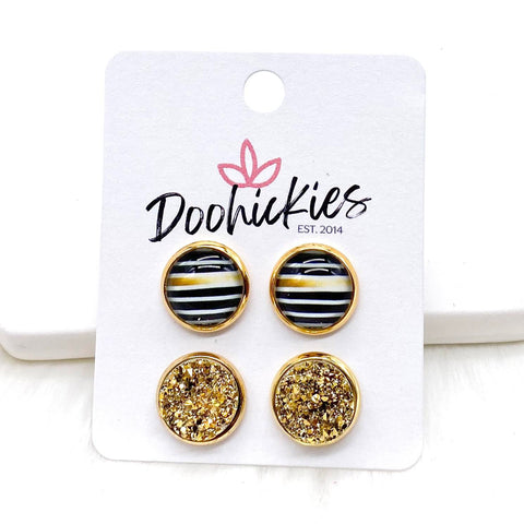 12mm Ombre Gold Stripe & Gold in Gold Settings -Stud Earrings