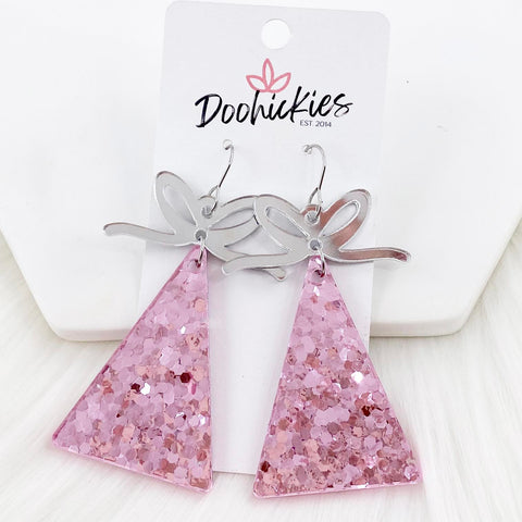 2.5" Pink Glitter Triangle Tree -Christmas Earrings