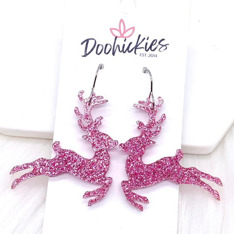 2" Pink Glitter Leaping Reindeer -Christmas Acrylic Earrings
