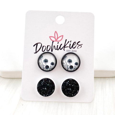 12mm Black Poppies & Black in Black/White Settings -Everyday Earrings