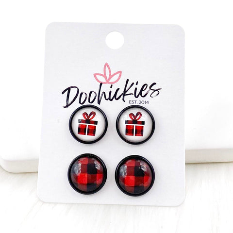 12mm Buffalo Plaid Presents & Buffalo Plaid in Black Settings -Christmas Studs