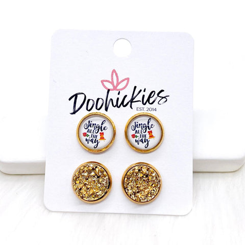 12mm Jingle All the Way & Gold in Gold Settings -Christmas Studs