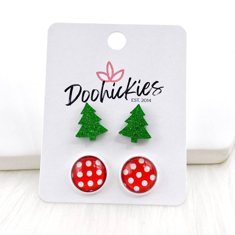 12mm Christmas Tree & Red Polka Dots in White Settings -Christmas Earrings