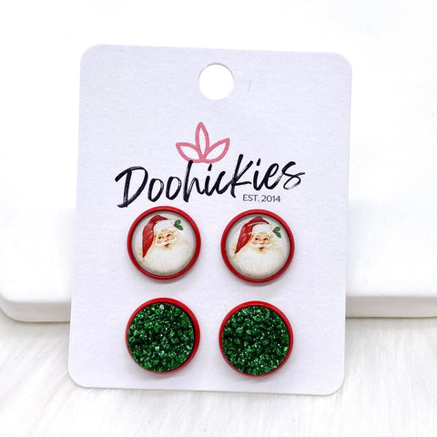 12mm Traditional Santa & Green Glitter in Red Settings -Christmas Studs