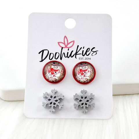12mm Vintage Snowman & Snowflakes in Red Settings -Christmas Studs