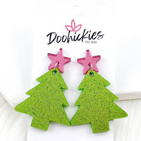 2" Pink Star & Glittery Green Tree Dangles -Christmas Acrylics