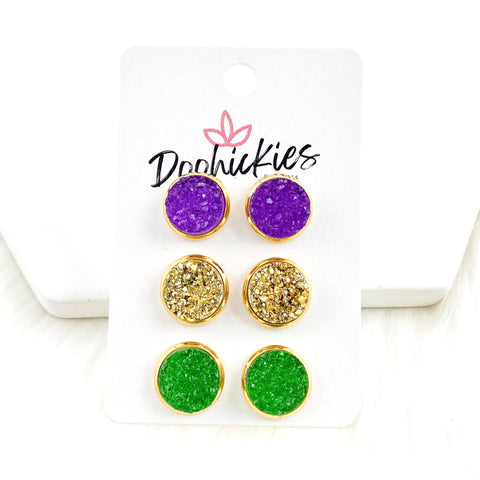 12mm Purple/Gold/Green Sparkles in Gold Settings -Mardi Gras Earrings